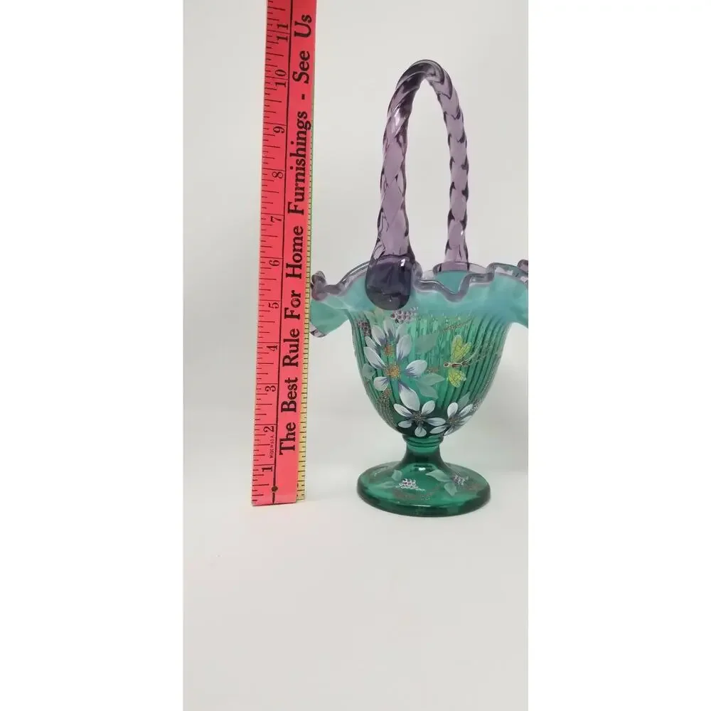Fenton Glass New Century XXI Spruce Green Purple Dragonfly Basket Signed